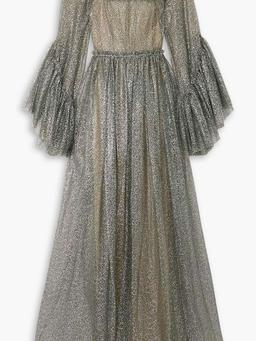 Enchanteresse ruffled glittered tulle maxi dress