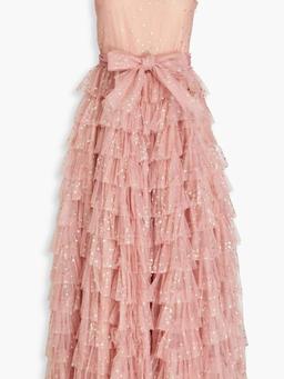 One-shoulder tiered glittered tulle midi dress
