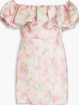 Off-the-shoulder ruffled printed organza mini dress