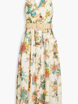 Floral-print linen halterneck midi dress