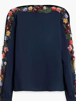 Tulle-trimmed embellished silk-blend crepe blouse