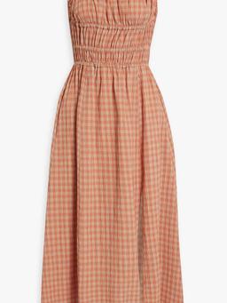 Ruffled shirred gingham cotton-blend seersucker midi dress