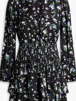 Cutout floral-print satin mini shirt dress