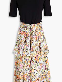 Knotted floral-print satin-crepe and stretch-cotton jersey midi dress