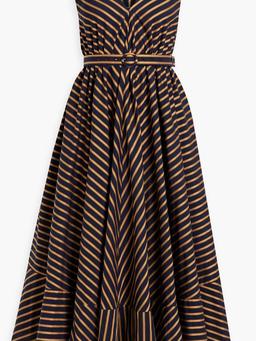 Relief belted striped cotton-poplin midi dress