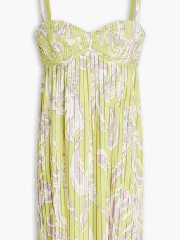 Cutout pleated printed jersey mini dress