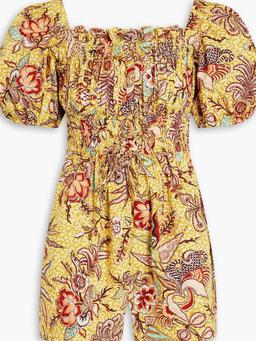 Alo shirred printed cotton-poplin playsuit