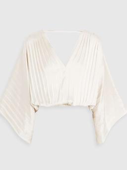 Bead-embellished pleated satin blouse