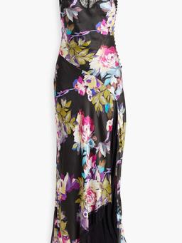 Sage hammered floral-print silk-satin dress