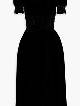 Holland shirred crystal-embellished velvet midi dress