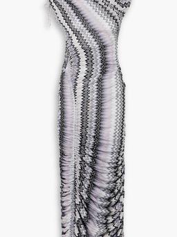 Crystal-embellished ruched metallic crochet-knit maxi dress