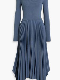 Pleated ribbed wool-blend and flannel midi dress