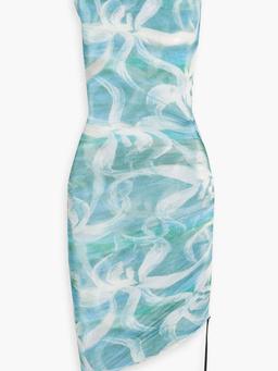Asymmetric ruched printed stretch-tulle dress