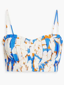 Pleated floral-print linen bustier top