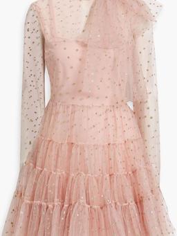 Pussy-bow tiered glittered tulle mini dress