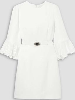 Embellished belted plissé satin-trimmed crepe mini dress