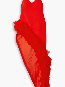 Asymmetric tulle-trimmed wool-crepe maxi dress