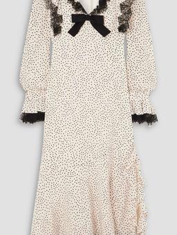 Lace-trimmed polka-dot silk maxi dress