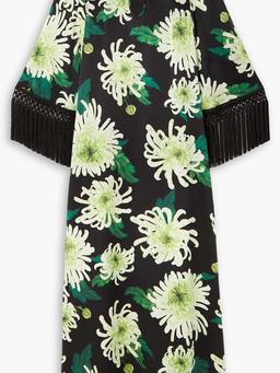 Cutout fringed floral-print silk-satin gown