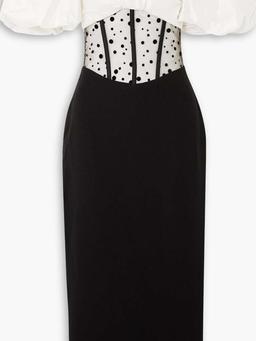 Off-the-shoulder bow-detailed taffeta, flocked tulle and crepe midi dress