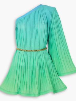 One-sleeve pleated dégradé georgette mini dress