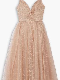 Gathered glittered tulle midi dress