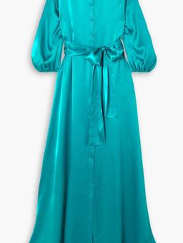 Belted silk-satin maxi shirt dress