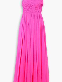 One-shoulder plissé silk-chiffon gown