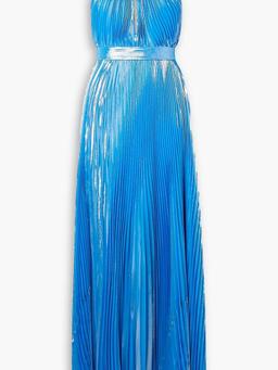 Cutout silk and Lurex-blend plissé-lamé halterneck gown
