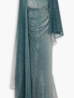 Asymmetric cape-effect metallic voile gown