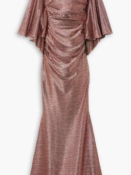 Cape-effect ruched glittered voile gown