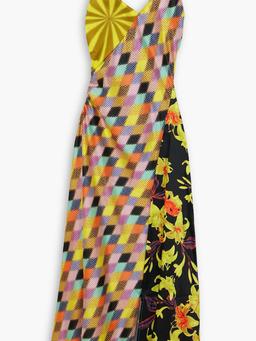 Asymmetric printed duchesse-satin maxi dress