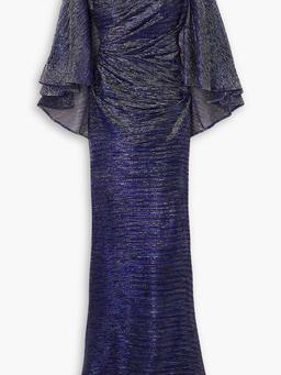 Cape-effect metallic voile gown