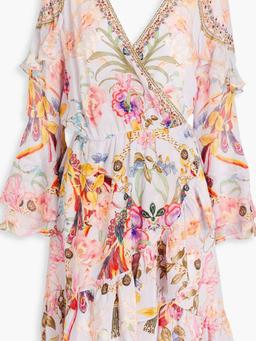 Embellished printed silk crepe de chine mini wrap dress