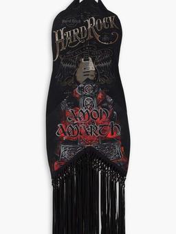 Macramé-trimmed printed cotton-jersey midi dress