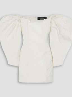 Off-the-shoulder gathered taffeta mini dress