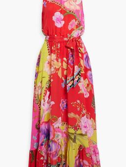 Crystal-embellished belted silk-crepe maxi dress