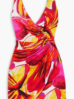 Summer Solstice wrap-effect ruched printed stretch-jersey mini dress