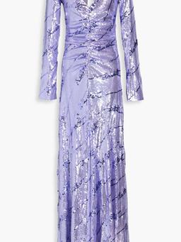 Ruched sequined stretch-mesh maxi dress