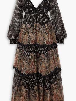 Lace-trimmed printed silk-chiffon maxi dress