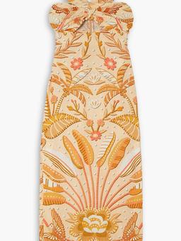 Jungle Chic cutout printed linen-blend halterneck midi dress