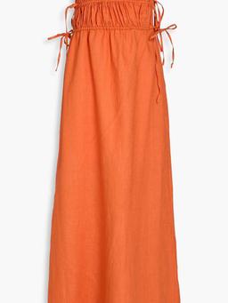 Strapless shirred linen midi dress