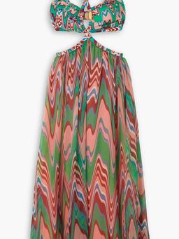 Wave cutout printed jersey and chiffon maxi dress