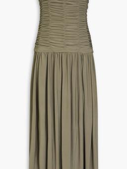 Strapless ruched jersey midi dress