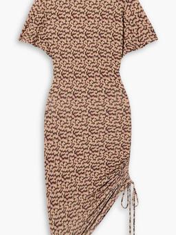 Lya asymmetric ruched printed stretch-crepe mini dress