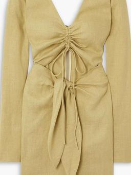 Lace-up cutout linen mini dress