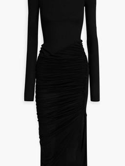 Cutout ruched jersey turtleneck midi dress