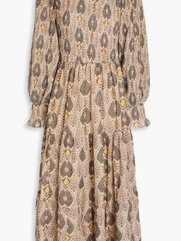 Animal shirred printed crepe de chine midi dress