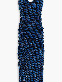 Lester ruched printed stretch-mesh midi dress