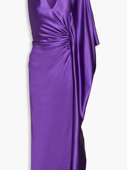 Asymmetric ruched satin-crepe midi dress